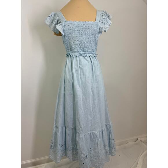 Vintage pale chambray eyelet smocked top maxi dress  women's  size M - Picture 2 of 8
